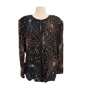 Vintage Laurence Kazar Silk Beaded Cardigan 2X Firework Colorful Evening NEW